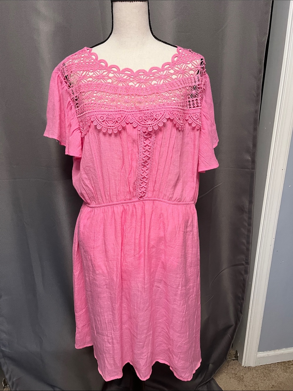 Pink Crochet Yoke Midi Dress